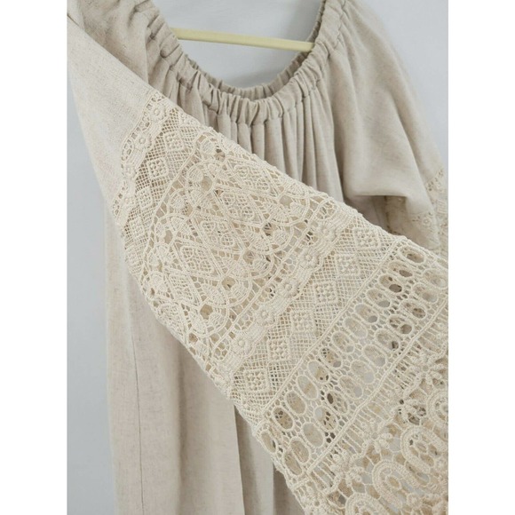 Chrysanthemum Women's M Tan Bell Sleeve Crochet Bell Sleeve Top Slouchy Linen - Picture 6 of 10